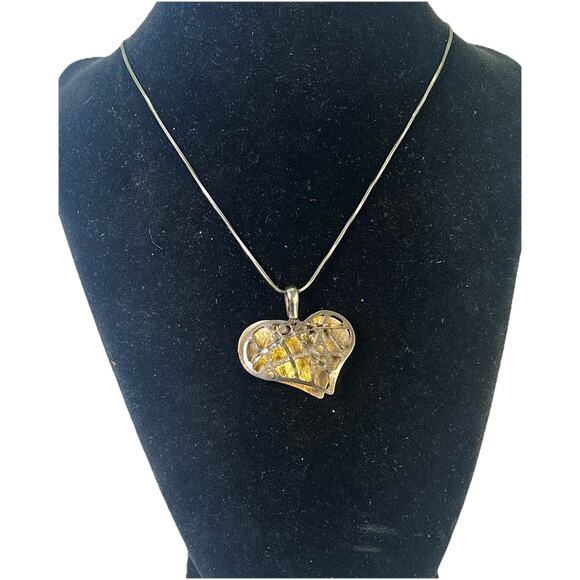 VTG Modernist Sterling Silver Filigree HEART PENDANT w/ Brass Accents NECKLACE - Picture 1 of 16